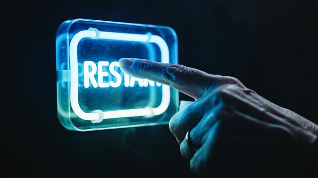 Hand pressing restart button in dark smoky atmosphere