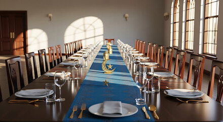An elegantly set long dining table in a sunlit banquet hall, prepared for a formal event