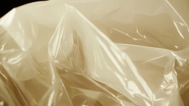 Wrinkled transparent plastic film creating an abstract texture background with reflective surfaces and subtle creases, ideal for packaging or environmental concepts