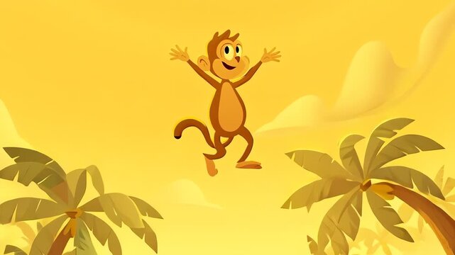 Happy monkey banana cartoon character jumping in tropical jungle