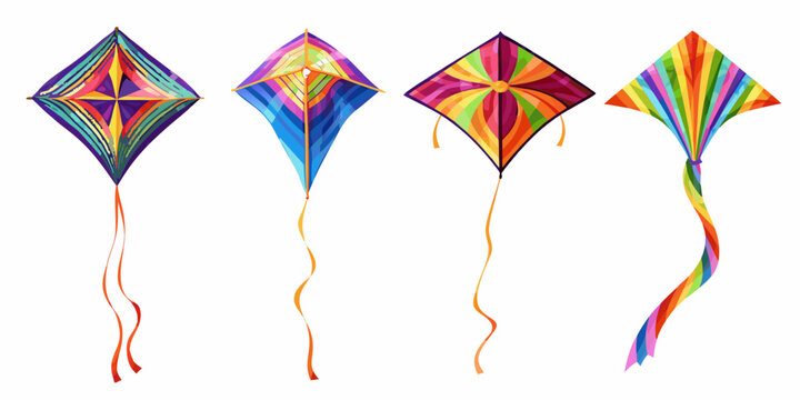 Four colorful diamond kites hanging with long trailing ribbons