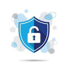 Fototapeta premium Blue shield with open padlock icon representing data security unlock