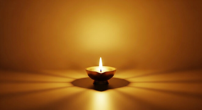 A single lit clay lamp on a reflective surface indoors