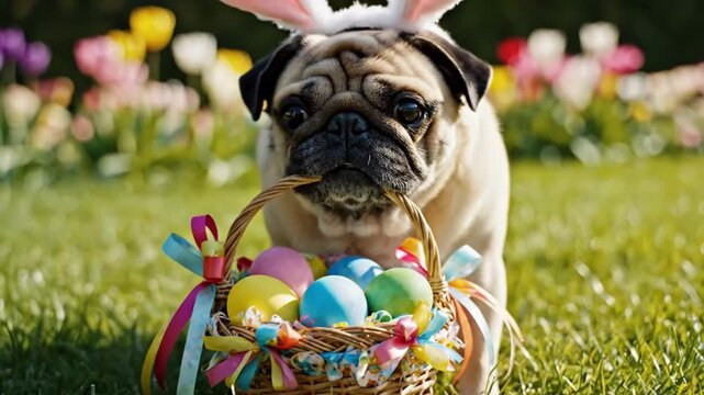 Pug Bunny Ears Easter Eggs Basket Closeup In Tulip Garden, Humorous Costume, Ribbondecorated Woven Basket, Wrinkled Snout And Soulful Eyes, Whimsical Spring Comedy With Family Appeal.