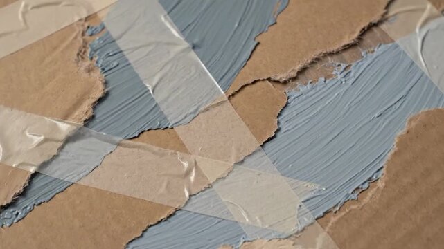 Torn cardboard surface with intersecting clear tape strips, rough paper texture and muted gray paint, abstract background for repair themes, moving day packing and recycling concept