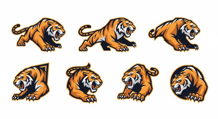 Aggressive Tiger Poses Set, Fierce Big Cat Mascot Vector Illustrations