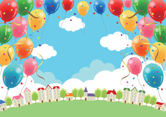 風船と街背景、かわいい、イラスト、横