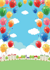 風船と街背景、かわいい、イラスト、縦