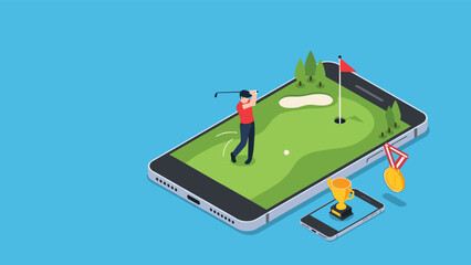 Fototapeta premium Person playing golf on a miniature course integrated into a large smartphone screen representing mobile gaming and sports apps.