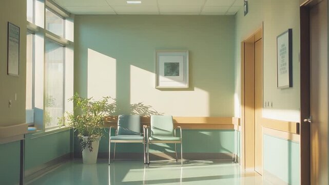 Calm, quiet medical facility hallway with morning sunlight streaming through large windows, illuminating empty waiting area chairs and a potted plant for a serene atmosphere