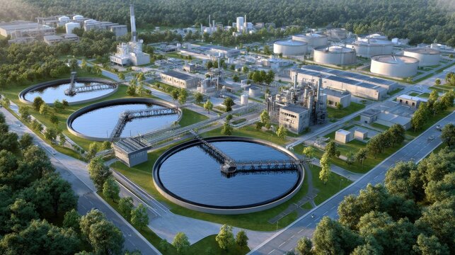 Aerial View Of A Large Industrial Water Treatment Plant Surrounded By Lush Green Forest Landscape