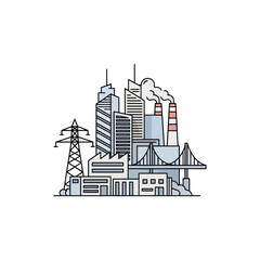 Fototapeta premium Cityscape illustration with modern buildings, factories, bridge, power lines