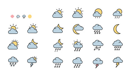 Obraz premium Extensive collection of weather forecast icons, including sun, clouds, rain, moon, and lightning, representing various atmospheric conditions.