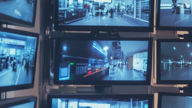 Security camera monitors arranged in a wall array displaying live surveillance footage from various public and commercial areas, highlighting monitoring and control