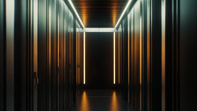 Dark, empty corridor in a modern data facility, featuring parallel server racks and glowing linear neon lights, emphasizing secure connectivity and advanced technology infrastructure