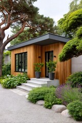 Fototapeta premium Modern garden room with wooden cladding and lush landscaping