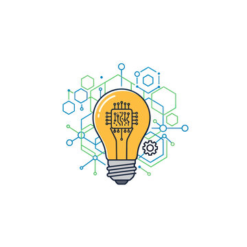 Digital lightbulb icon with circuit and network connections