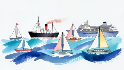 Naklejka premium Nautical Vessels on Turquoise Waves: Sailboats and Cruise Ships Art