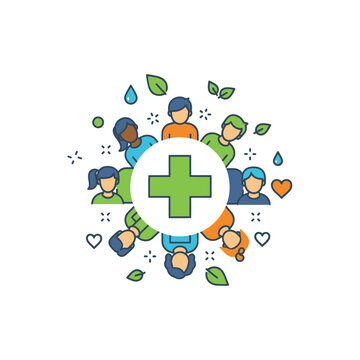 Diverse community members united around green medical cross symbol