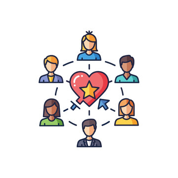 Diverse customer group connected to favorite star rating icon