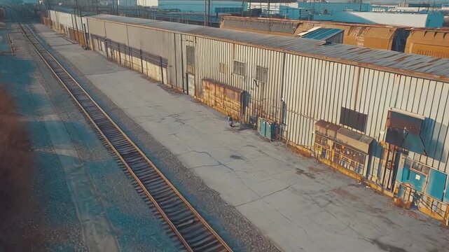 Industrial scene featuring railroad tracks running alongside rows of functional metal factory buildings and storage facilities, suggesting logistics, freight transport, and urban infrastructure