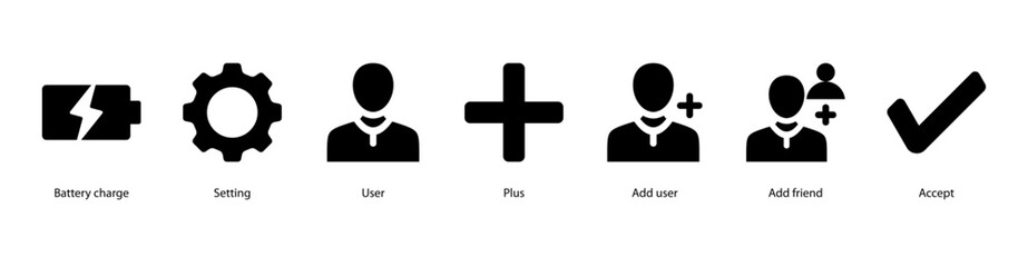 Obraz premium User Management web banner vector illustration featuring Battery Charge, Setting, User, Plus, Add User, Add Friend, and Accept for profiles and connections.