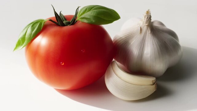 Fresh tomato and garlic with basil leaves food ingredients