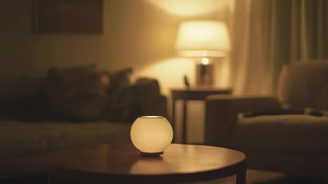 Glowing orb lamp illuminates a dark living room, casting a warm light and creating a cozy, relaxing atmosphere in a residential interior space at night
