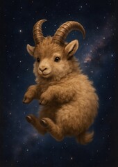 Fototapeta premium Cute fluffy goat floating space