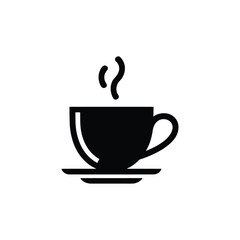 A simple black icon of a steaming cup of coffee on a saucer