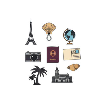 Flat design travel icons collection with global landmarks