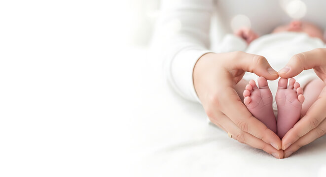 Newborn baby feet in heart shape made of hands, new life