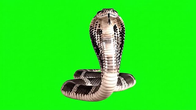 A cobra snake stands tall with a threatening posture on a green background, exuding danger and fear, perfect for projects requiring a wild and exotic feel