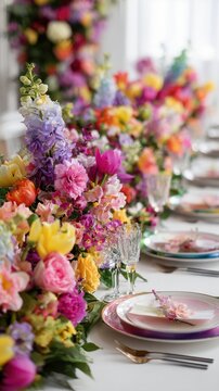Elegant Banquet Table Setting With Abundant Colorful Floral Arrangements Soft Natural Light