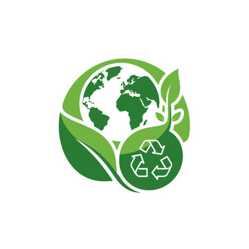 Green Earth globe with leaves and recycling symbol concept