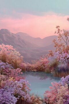 Dreamy Pastel Mountain Landscape With Pink Flowering Bushes And Reflecting Pond Soft Sky
