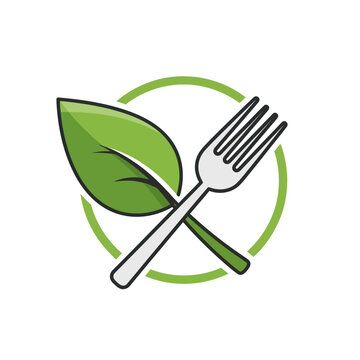 Green leaf and fork crossed in circle, healthy food icon
