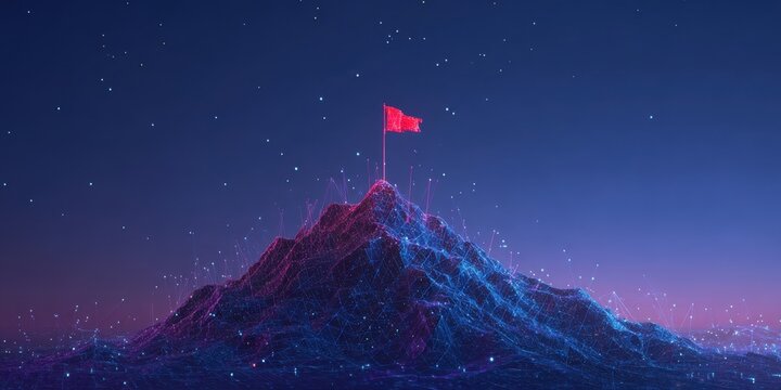 The mountain peak with glowing neon wireframe and a red flag at summit