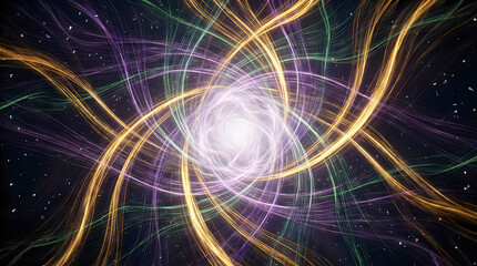 Obraz premium Swirling Light Trails in Space with Purple Green and Yellow Lines abstract