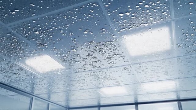 Water droplets pooling on suspended ceiling tiles in a contemporary office space, indicating a significant leak or condensation problem within the building's infrastructure