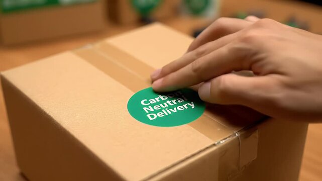 Hand reaching for eco-friendly delivery box with green logo on wooden table