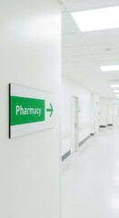 Modern Hospital Corridor with Pharmacy Sign Indicating Directional Guidance for Patients