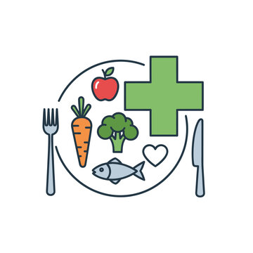 Healthy food meal plate with medical cross and cutlery