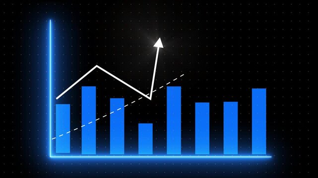 Business data visualization with decreasing trend graph and blue bars on black background with neon light