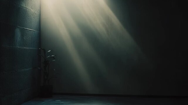 Plant thriving in the corner of a gloomy concrete room. Receiving a rectangular patch of light from bright sun rays. Symbolizing resilience. Hope. Growth. And new beginnings against a stark background