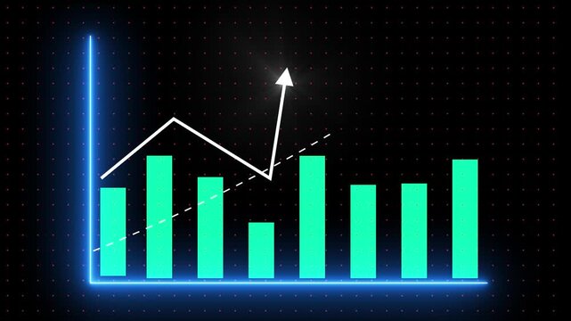 Business data analysis graph with decreasing trend neon lit green bars and white arrow on black background with red dots