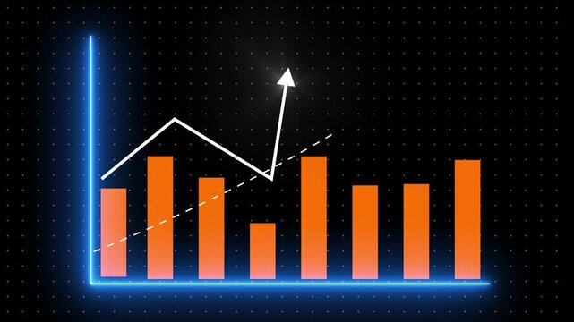 Business data analysis graph with decreasing trend line and orange bars on black background with dots