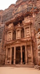Obraz premium Ancient petra treasury facade carved into sandstone cliff in jordan desert landscape with intricate architectural details and historical significance