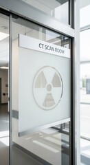 Modern Hospital Radiology Department: CT Scan Room Sign Featuring Radiation Symbol