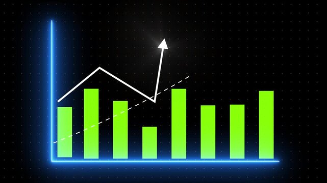 Business data analysis graph with decreasing trend neon green bars on black background with orange dots